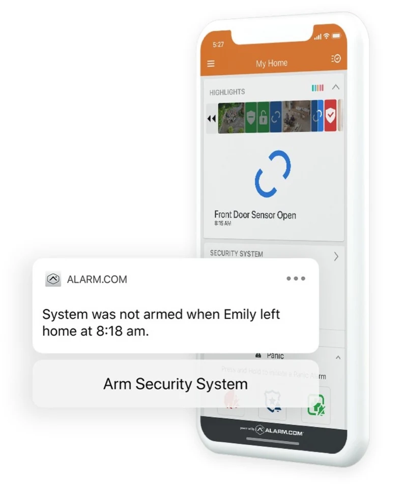 Alarm.com mobile app showing security status, alerts and arming controls