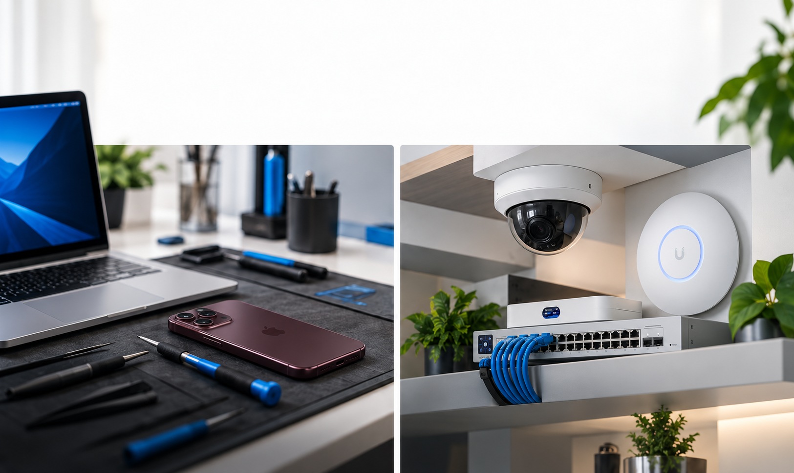 Illustrative repair bench with Apple laptop, iPhone 18 Pro and tools, alongside a mounted security camera, UniFi access point, switch and Cloud Gateway Max