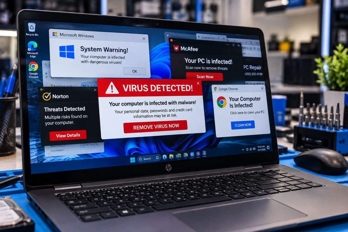 Laptop screen full of fake virus warning pop-ups asking the user to call or click