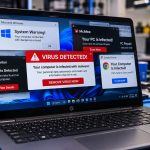 Laptop screen full of fake virus warning pop-ups asking the user to call or click