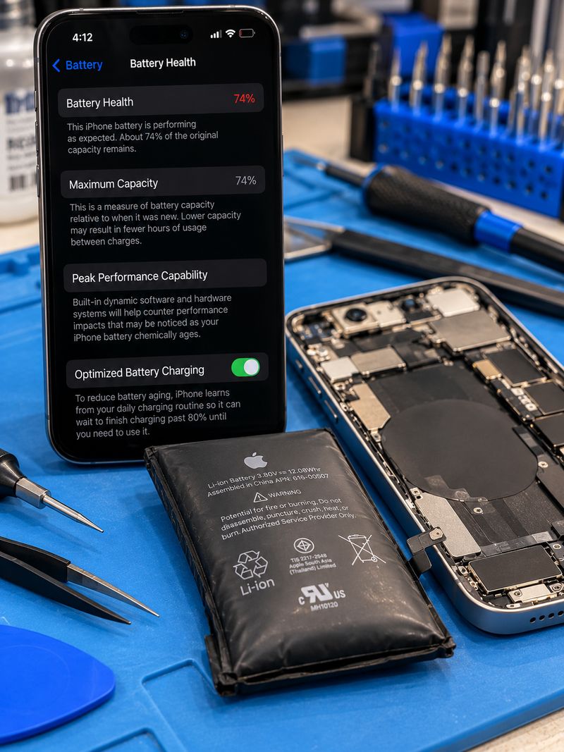 iPhone Battery Health screen showing 74% next to a swollen iPhone battery