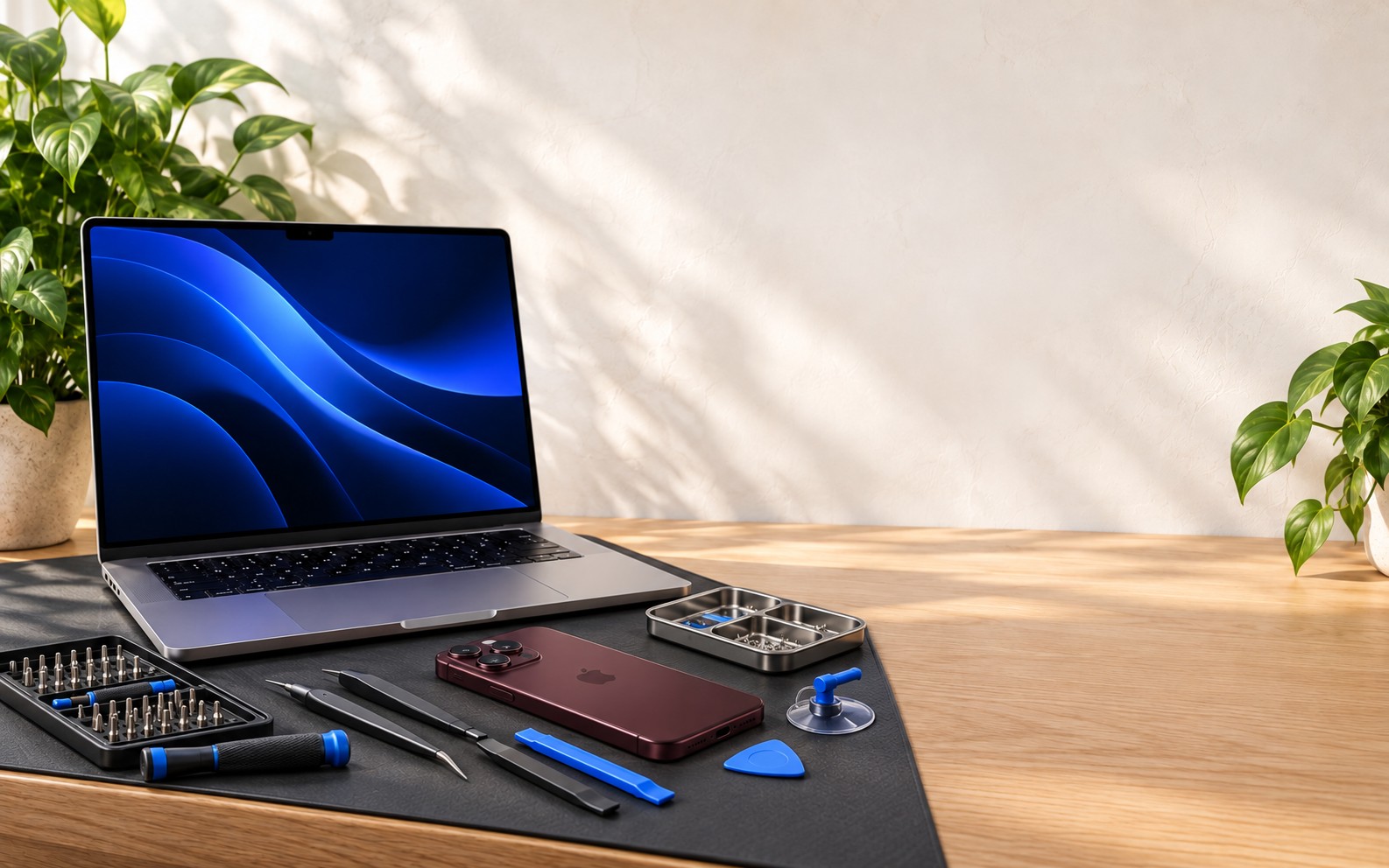 Illustrative repair workspace with a laptop, phone, screwdriver set and repair tools