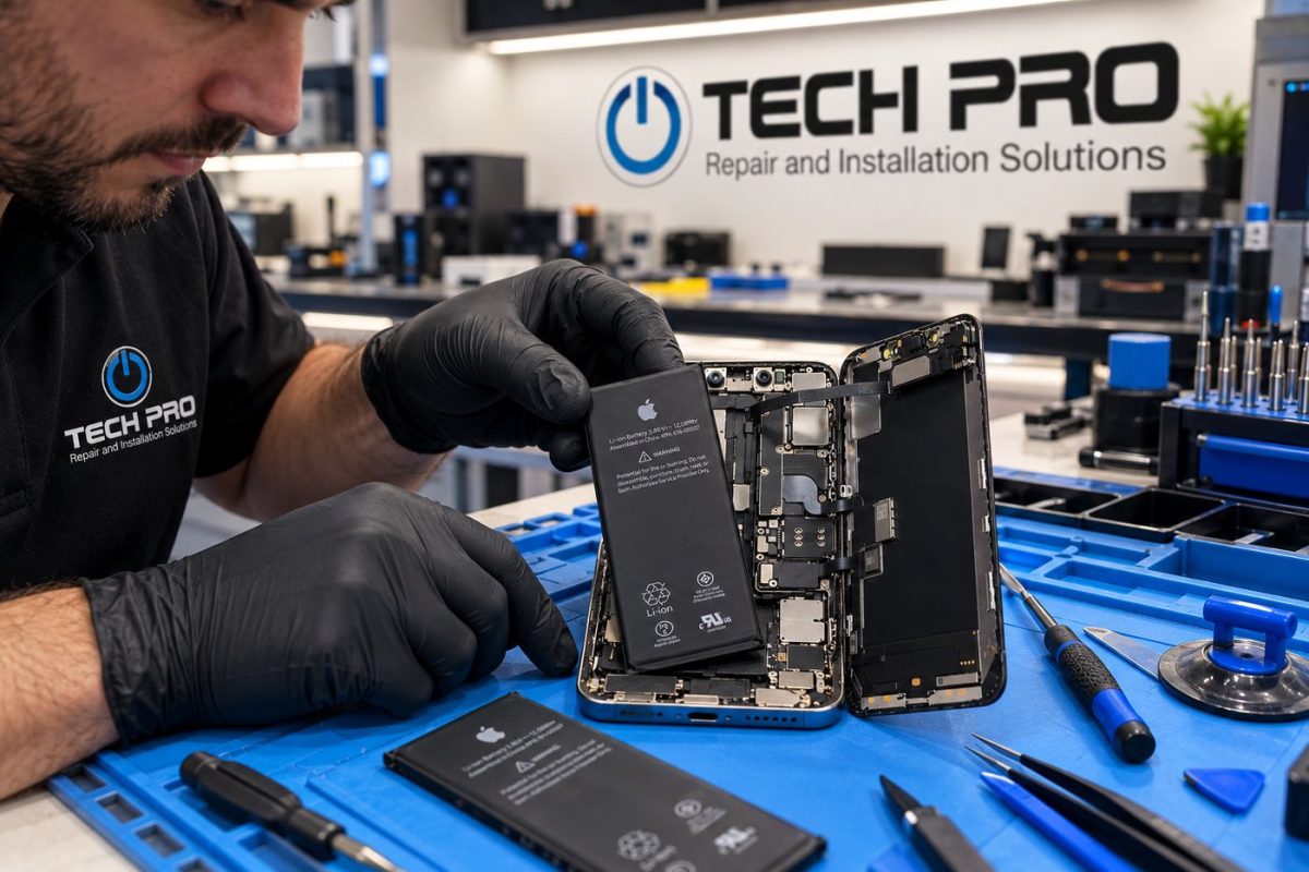 Technician installing a new iPhone battery at Tech Pro Repair in Wilton Manors
