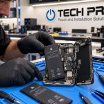 Technician installing a new iPhone battery at Tech Pro Repair in Wilton Manors